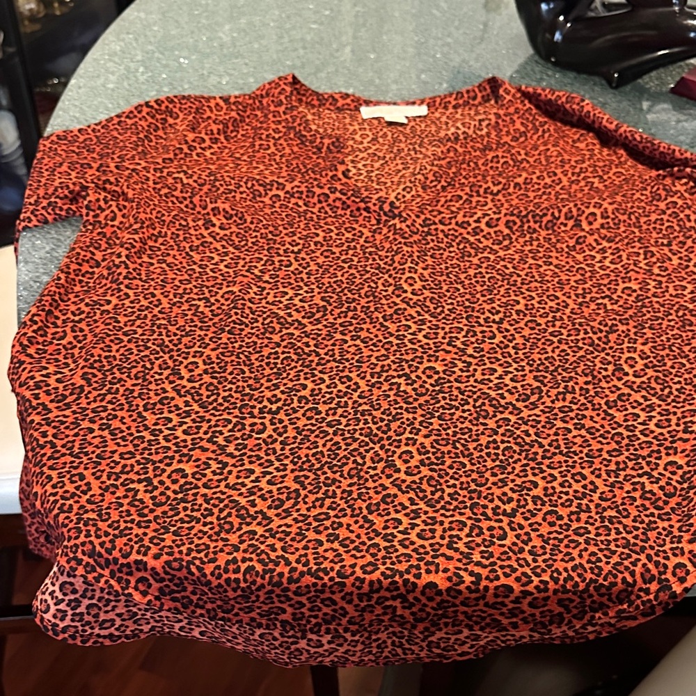 Michael Kors Orange Red Leopard Print V-Neck Blouse
